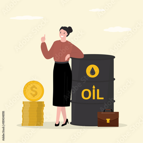 Confident trader, female investor with a profit from oil. Businesswoman standing with oil barrel and money. Rising oil prices. Economic development leads to rising oil prices.