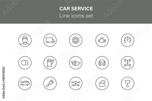 Car service icon set. Collection various signs with editable stroke on white background. Auto service, auto repair icon set.