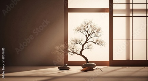 Minimalist Zen interior with a solitary bonsai tree and dramatic shadows cast by sunlight through a traditional shoji window
