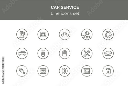 Car service icon set. Collection signs with editable stroke on white background. Auto service, auto repair icon set. Car service and garage.