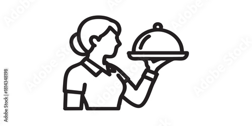 Waiter girl with dish line icon, cooking concept. Vector graphics. Woman and tray in her hand, food service sign on white background, style icon mobile or web design.