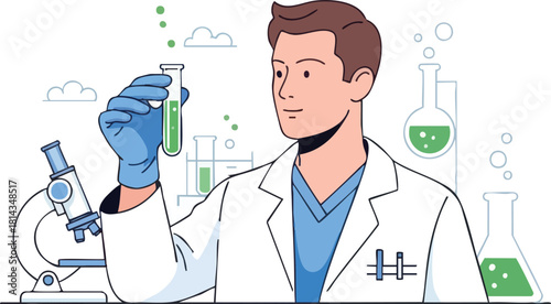 Scientist examining a test tube with a green liquid in a laboratory setting.