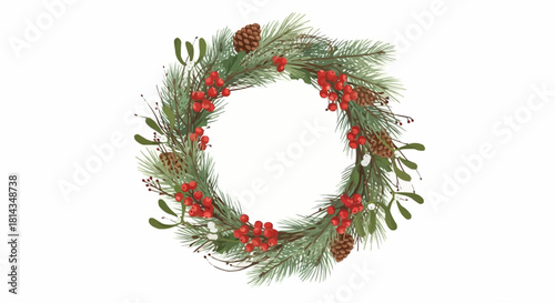 Watercolor christmas wreath with pine branches, red berries, and pine cones on a white background isolated