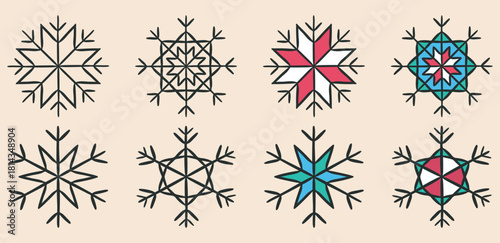 Christmas snowflake symbol icon set. Outline black marker ink contour, doodle sketch hand drawn blob stroke line. Festive colourful collection, New Year party graphic web design. Vector illustration