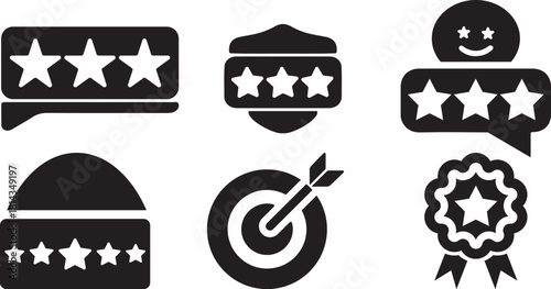 Monochromatic rating and quality assurance icons, solid vector set.