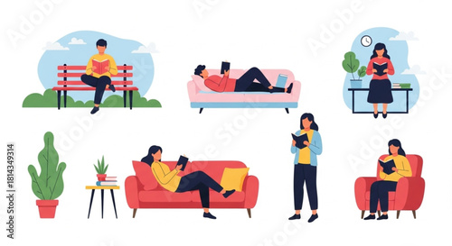 Readers enjoying books in various settings, discover the joy of literature, promote reading habits and relaxation, embrace the world of stories and knowledge