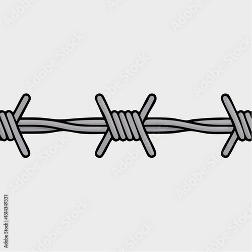 Close-up illustration of a segment of gray barbed wire with sharp barbs on a light background.
