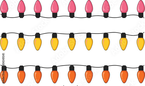 Three colorful strings of decorative Christmas or party lights vector illustration, featuring hand-drawn style bulbs for festive backgrounds, holiday greetings, and seasonal celebration designs