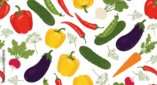 Vibrant organic vegetables create a lively pattern perfect for farm fresh produce promotions and healthy eating campaigns with peppers, peas, carrots, and more