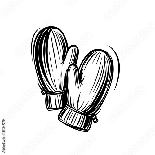 Pair of warm mittens viewed from the back in black and white style  