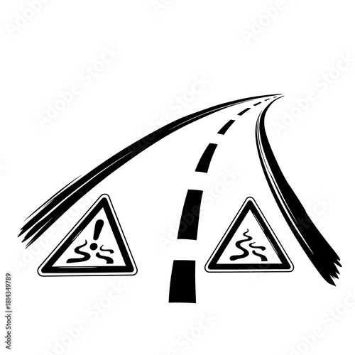 Road with warning signs for black ice and slippery surface  