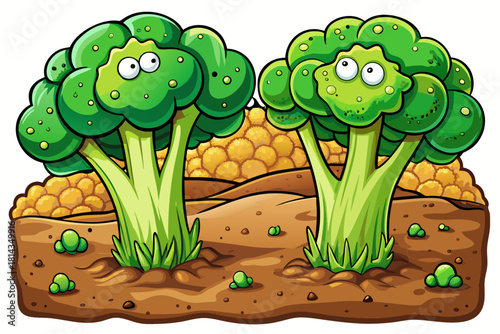 Large broccoli crown rising above cracked brown soil with dense textured florets and thick stalk