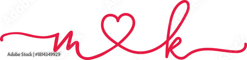 Heart initial mk or km logo script letter logo handwritten monogram with heart love concept for branding identity. Single line m and k logo.