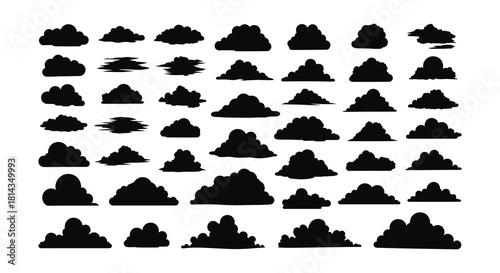 Collection of diverse black cloud shapes and silhouettes on a white background