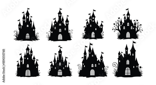 Silhouette collection of fairytale castles with flags and detailed architecture
