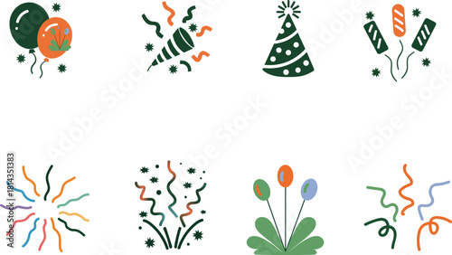 Festive Celebration Icon Set with Balloons, Streamers, and Party Elements