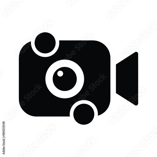 Black video camera icon with lens and handle on white background recording film