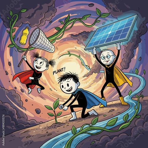 Children in superhero costumes planting seeds and using solar panels. Eco-Warriors  