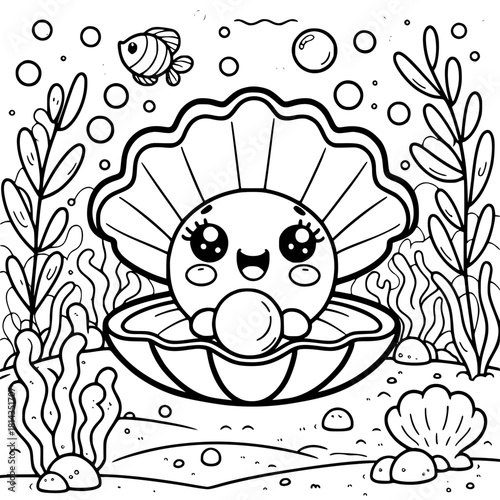 Cute cartoon oyster with pearl coloring page for kids