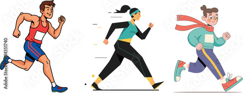 Cartoon illustration of people running for fitness, sports training, marathon exercise, outdoor jogging, healthy lifestyle activity, athletic competition, workout motivation.