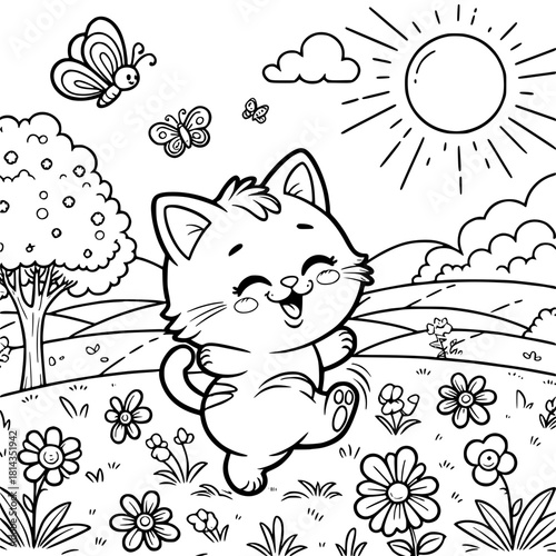 Cute happy kitten jumping in sunny field with butterfly coloring page