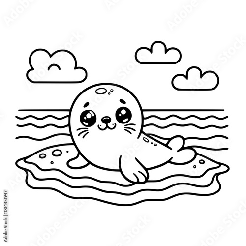 Cute cartoon baby seal coloring page lying on ice floe