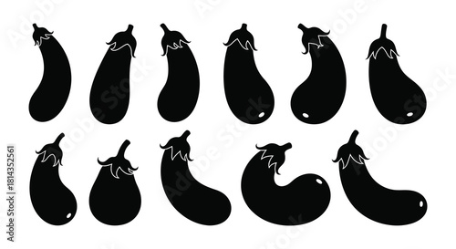 Black silhouette illustrations of various shaped eggplants on a white background