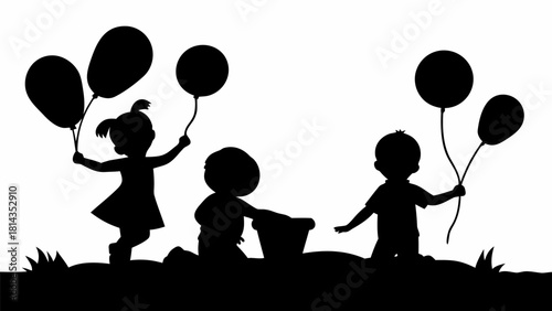 Joyful children silhouettes playing with balloons and bucket outdoors, celebrating childhood fun and friendship in a timeless design