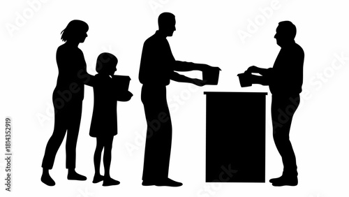 Family participating in community donation drive, silhouettes of people donating items to local charity, collective act of goodwill, helping hands in action