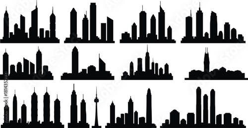 Grid of twelve city skyline silhouettes, black vector cityscapes on white background, skyline profiles collection for urban architecture, landmark silhouettes pack