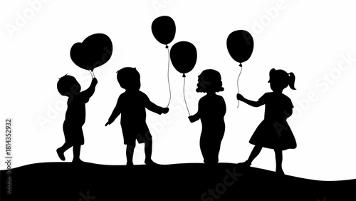 Joyful children celebrate with balloons, playful silhouettes evoke childhood memories and carefree happiness, perfect for family-friendly designs