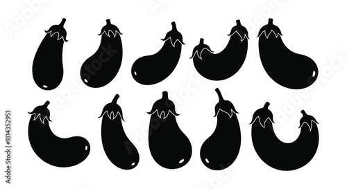 Black silhouette illustrations of various shaped eggplants on a white background