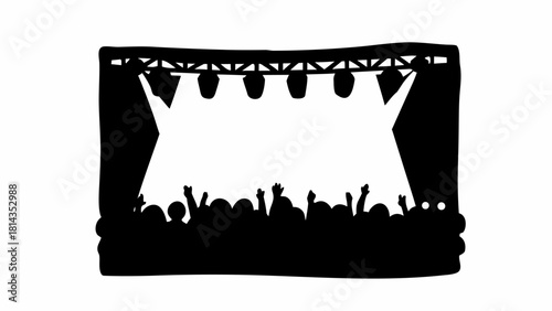 Energetic crowd silhouette cheering at live concert stage, vibrant music festival scene, perfect for event promotion and entertainment industry visuals