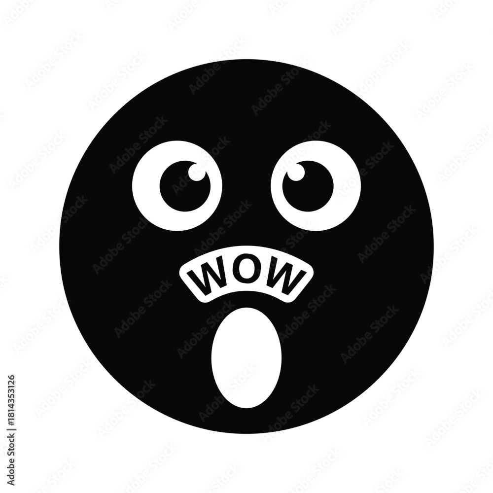 Fototapeta premium Black and white emoji face with wide open mouth and W O W text vector