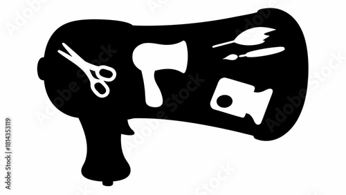 Creative megaphone showcasing art, film, beauty, and design elements in a striking vector style, perfect for announcements and promotional visuals