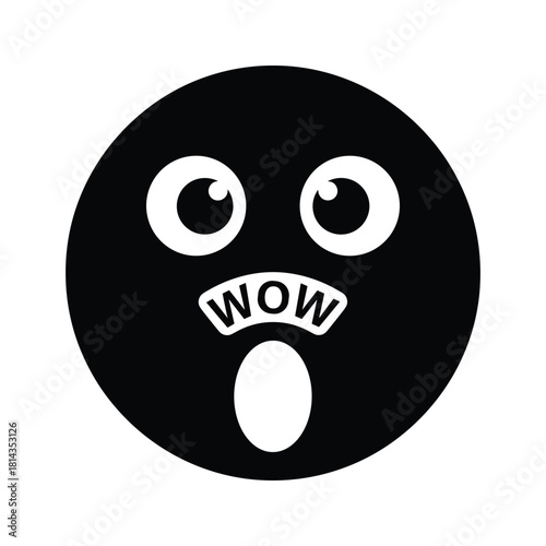 Black and white emoji face with wide open mouth and W O W text vector