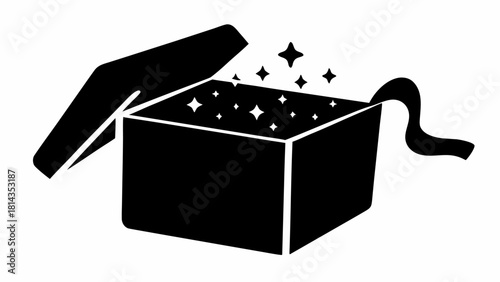 Unboxing surprises with a magic gift box, a delightful present for special occasions with sparkling stars and a ribbon, originally vector graphics