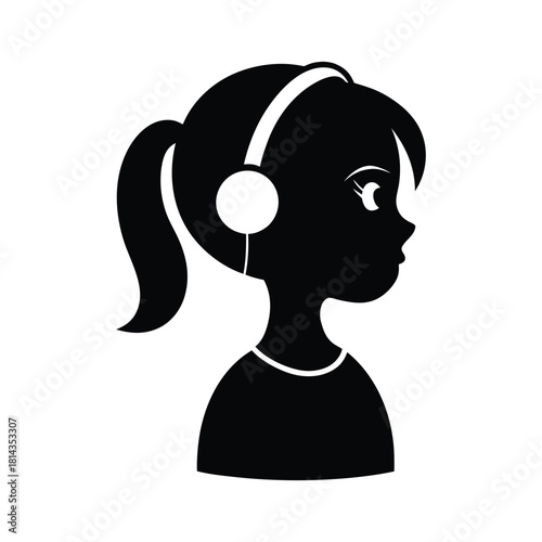 Girl silhouette listening to music with headphones, side profile Vector