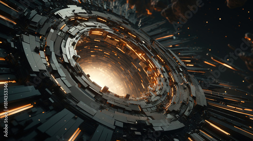 Fototapeta Naklejka Na Ścianę i Meble -  Massive glowing metal HUD ring of a futuristic space station, dramatic sci-fi environment