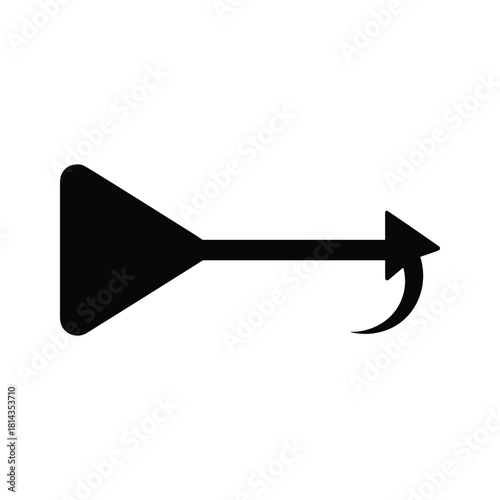 Black arrow icon with curved tail pointing right on white background right arrow direction
