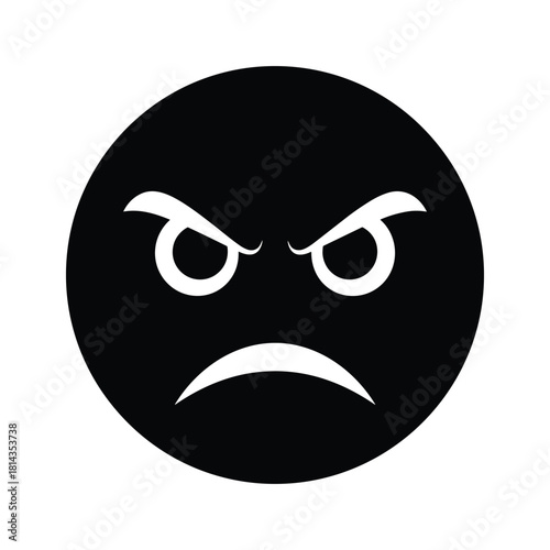 Black angry face emoji with white eyes and mouth on white background emoticon expression