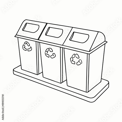Outline drawing of three trash separation bins with recycling symbols for waste management
