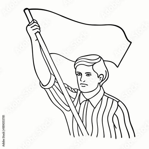 Illustrated track referee in striped uniform with raised flag, holding signal flag in monochrome
