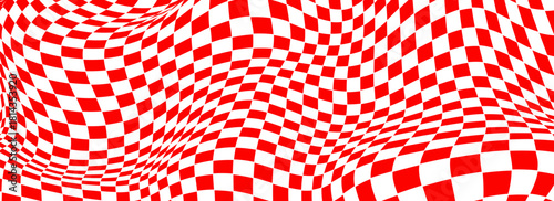 Trippy checkerboard background. Retro psychedelic checkered wallpaper. Wavy groovy chessboard surface. Distorted geometric grid chess pattern. Abstract red and white race flag backdrop. Eps10