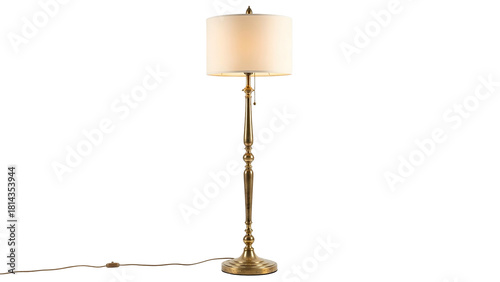 A brass floor lamp with an off-white shade against a black background