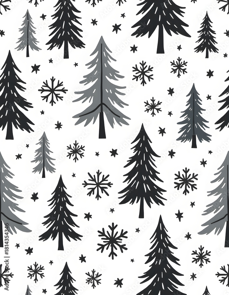 Obraz premium Winter forest pattern with snowflakes and Christmas trees on a white background