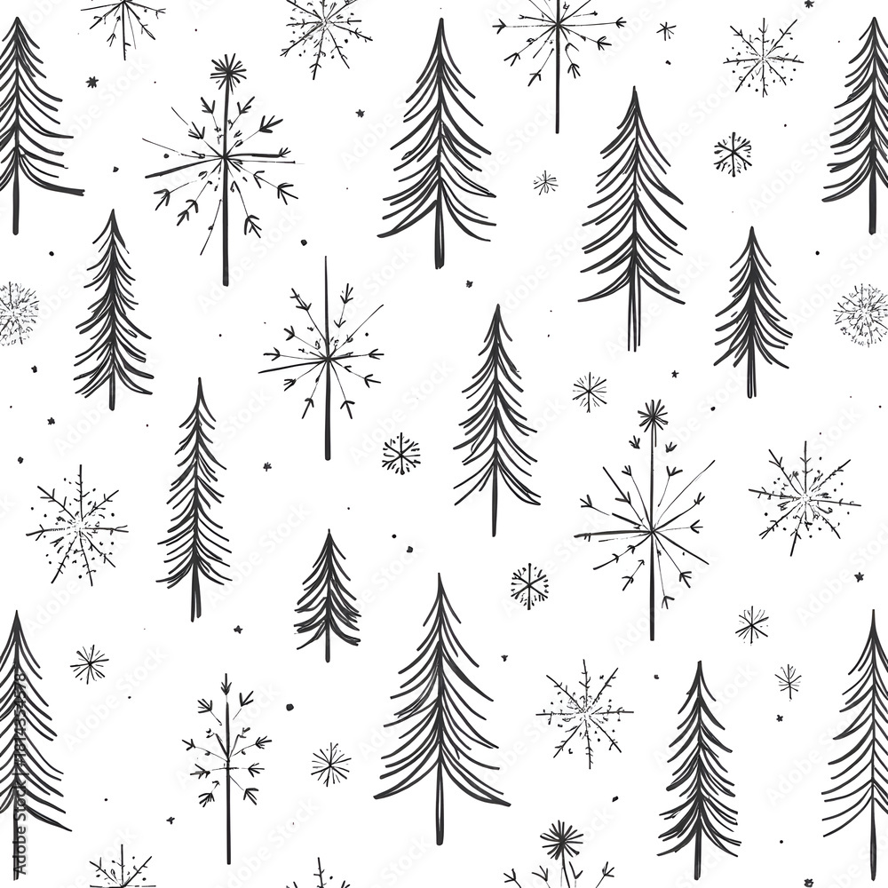 Obraz premium Hand-drawn Christmas trees and snowflakes seamless pattern on white background