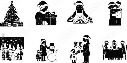 Christmas and holiday family activity silhouette bundle with tree, gifts, baking, snowman, Hanukkah scene, dinner table, festive winter design set