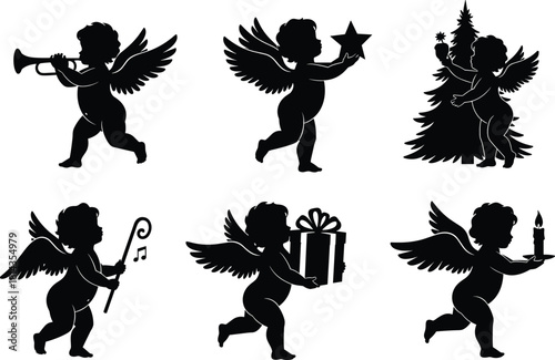 Christmas angel silhouette icon set featuring musical cherubs, star carrying angels, gift holding figures, tree decoration scenes, festive holiday graphics