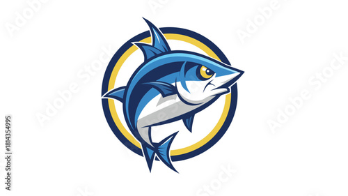 Dynamic blue shark illustration with yellow oval border